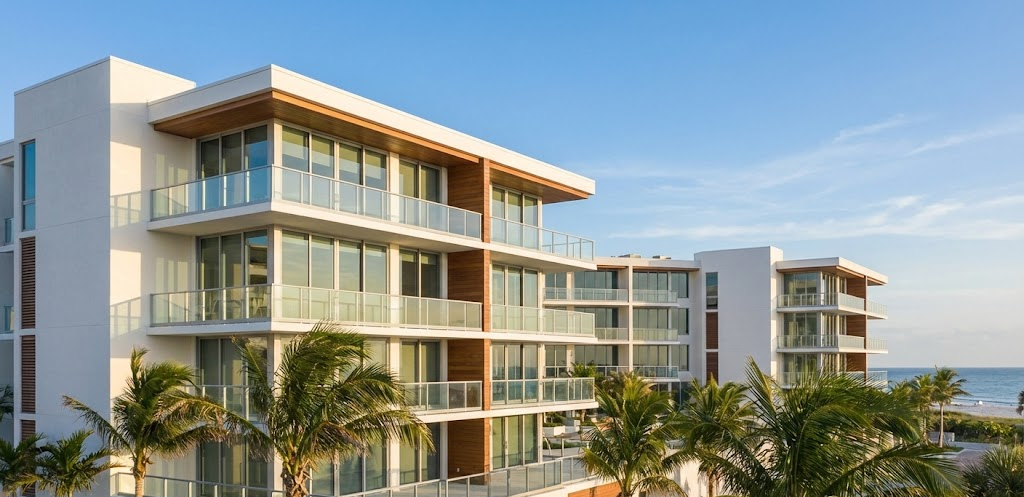 Modern Florida condominium buildings photographed in natural morning light.